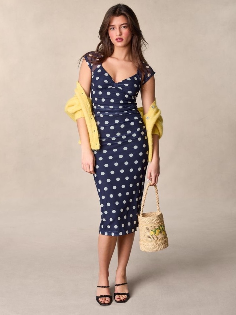 ROUJE Navy Blue & White Polka Dot Printed Sweetheart Ruched Mesh Laly Midi Dress